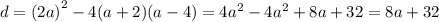 d = {(2a)}^{2} - 4(a + 2)(a - 4) = 4 {a}^{2} - 4 {a}^{2} + 8a + 32 = 8a + 32