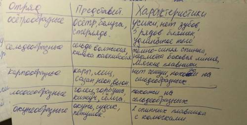 Таблица отряды костных рыб : 1)отряд 2)представители 3)характеристики нужно