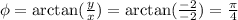 \phi=\arctan(\frac{y}{x})=\arctan(\frac{-2}{-2})=\frac{\pi}{4}