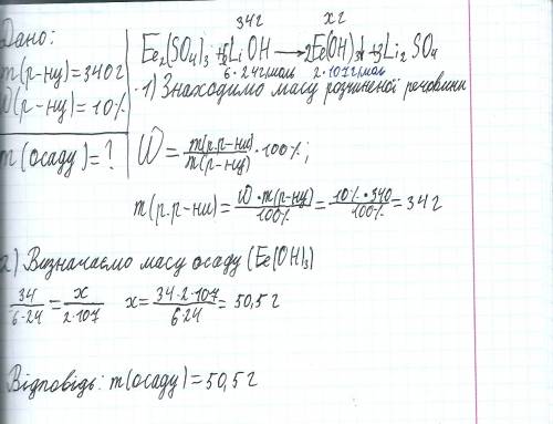 Яка масса осаду утвориться в результаті взаємодії розчину ферум3 сульфату із 340г10%розчину літій гі