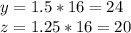 y=1.5*16=24 \\ z=1.25*16=20