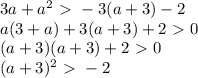 3a + a^2 \ \textgreater \ -3(a + 3) - 2&#10;\\a(3+a)+3(a+3)+2\ \textgreater \ 0&#10;\\(a+3)(a+3)+2\ \textgreater \ 0&#10;\\(a+3)^2\ \textgreater \ -2