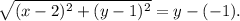 \sqrt{(x-2)^2+(y-1)^2}=y-(-1) .