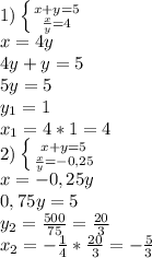 1)\left \{ {{x+y=5} \atop { \frac{x}{y} =4}} \right. &#10;\\x=4y&#10;\\4y+y=5&#10;\\5y=5&#10;\\y_1=1&#10;\\x_1=4*1=4&#10;\\2)\left\{ {{x+y=5} \atop { \frac{x}{y} =-0,25}} \right. &#10;\\x=-0,25y&#10;\\0,75y=5&#10;\\y_2= \frac{500}{75} = \frac{20}{3} &#10;\\x_2=- \frac{1}{4} *\frac{20}{3} =- \frac{5}{3}