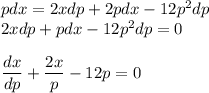 pdx=2xdp+2pdx-12p^2dp\\ 2xdp+pdx-12p^2dp=0\\ \\ \displaystyle \frac{dx}{dp} + \frac{2x}{p} -12p=0