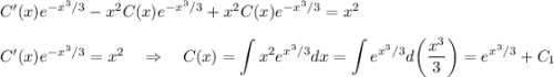 C'(x)e^{-x^3/3}-x^2C(x)e^{-x^3/3}+x^2C(x)e^{-x^3/3}=x^2\\ \\C'(x)e^{-x^3/3}=x^2~~~\Rightarrow~~~ C(x)=\displaystyle \int x^2e^{x^3/3}dx=\int e^{x^3/3}d\bigg( \frac{x^3}{3}\bigg)=e^{x^3/3}+C_1