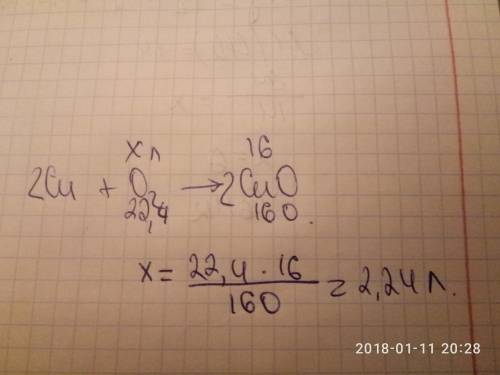 Медь сожгли в кислороде, получив 16г cuo определить объем о2