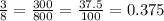 \frac{3}{8} = \frac{300}{800} = \frac{37.5}{100} = 0.375