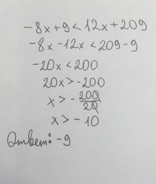 Нужно решение. решите неравенство: -8x + 9 < 12x + 209. в ответе укажите его наименьшее целое реш