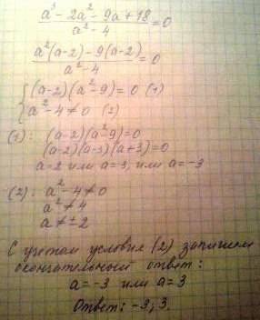 При каких а значения дроби а³-2а²-9а+18 = а²-4 равно нулю?