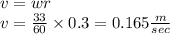 v = wr \\ v = \frac{33}{60} \times 0.3 = 0.165 \frac{m}{sec}