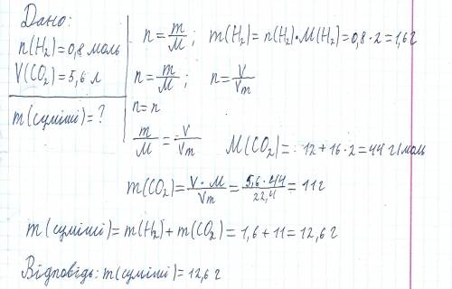 Обчисліть масу суміші , що містить 0,8 моль водню та 5,6 л карбон(iv) оксиду