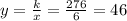 y = \frac{k}{x} = \frac{276}{6} = 46