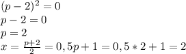 (p-2)^2=0&#10;\\p-2=0&#10;\\p=2&#10;\\x= \frac{p+2}{2} =0,5p+1=0,5*2+1=2