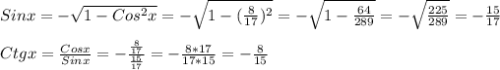 Sinx=- \sqrt{1-Cos ^{2}x }=- \sqrt{1-( \frac{8}{17}) ^{2}}=- \sqrt{1- \frac{64}{289} }=- \sqrt{ \frac{225}{289} }=- \frac{15}{17} \\\\Ctgx= \frac{Cosx}{Sinx}=- \frac{ \frac{8}{17} }{ \frac{15}{17} } =- \frac{8*17}{17*15}=- \frac{8}{15}