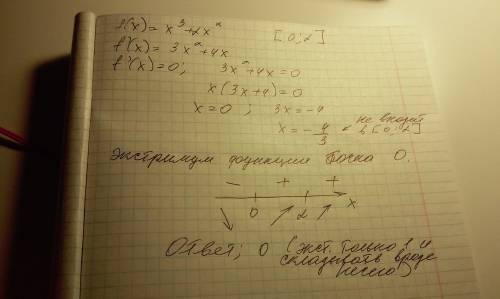 Найдите сумму экстремумов функции f(x)=x^3+2x^2 на отрезке [0,2]