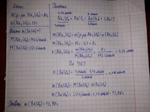 Найти массу осадка, полученного действием 80 г 10% раствора сульфата натрия на хлорид бария