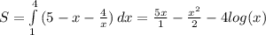 S= \int\limits^4_1 {(5-x- \frac{4}{x}) } \, dx= \frac{5x}{1}- \frac{x^2}{2}-4log(x)