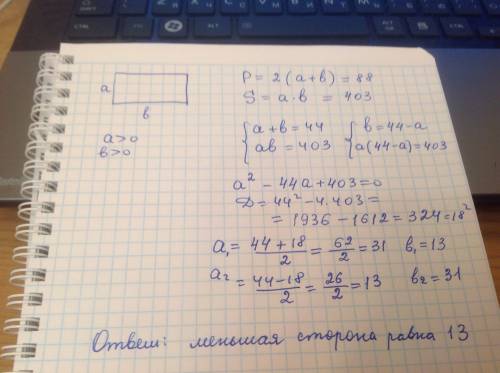 Периметр прямоугольника равен 88, а площадь 403. найдите меньшую сторону прямоугольника. , с рисунко