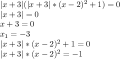 |x+3|(|x+3|*(x-2)^2+1)=0&#10;\\|x+3|=0&#10;\\x+3=0&#10;\\x_1=-3&#10;\\|x+3|*(x-2)^2+1=0&#10;\\|x+3|*(x-2)^2=-1