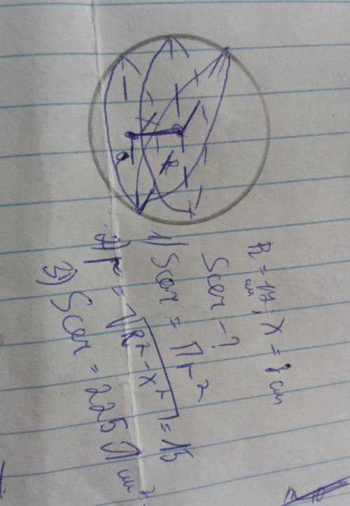 Вшаре с радиусом 17 см проведено сечение на расстоянии 8 см от центра шара. вычислите площадь сечени