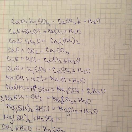 )cao+h²so⁴= cao+hcl= cao+h²o= cao+co²= cuo+hcl= cuo+h²so⁴= naoh+hcl= naoh+h²so⁴= naoh+co²= mg(oh)²+h