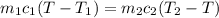 m_1 c_1 (T - T_1) = m_2 c_2 (T_2 - T)&#10;