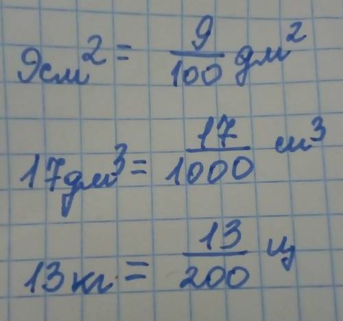 Какую часть составляют: а) 9 см2 от квадратного дециметра. б) 17 дм3 от кубического метра. в) 13 кг