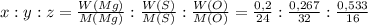 x:y:z= \frac{W(Mg)}{M(Mg)}: \frac{W(S)}{M(S)}: \frac{W(O)}{M(O)}= \frac{0,2}{24}: \frac{0,267}{32}: \frac{0,533}{16}