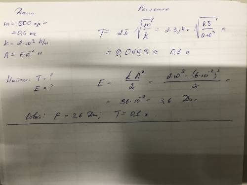 Груз, массой 500 г подвешенный на пружине с жёсткостью 2 кн/м колебается с амплитудой 6 см. найти по