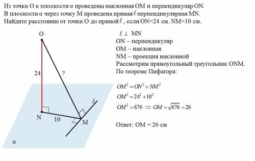 Из точки о к плоскости альфа проведены наклонная ом и перпендикуляр on. в плоскости альфа через точк