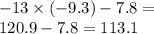 - 13 \times ( - 9.3) - 7.8 = \\ 120.9 - 7.8 = 113.1