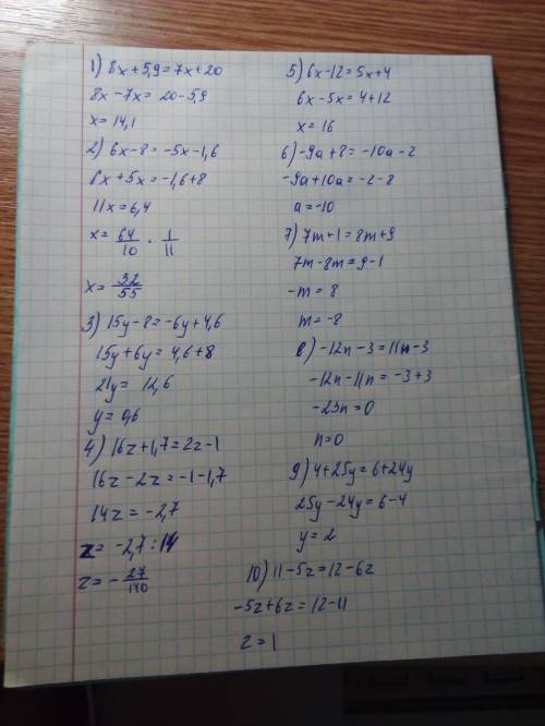 50 ! решите уравнения! ! 1. 8х + 5,9 = 7х + 20; 2. 6х - 8 = -5х - 1,6; 3. 15у - 8 = -6у + 4,6; 4. 16