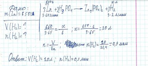 Какой объем и кол-во газа образуется при взаимодействии 650 г цинка с раствором фосфорной кислоты