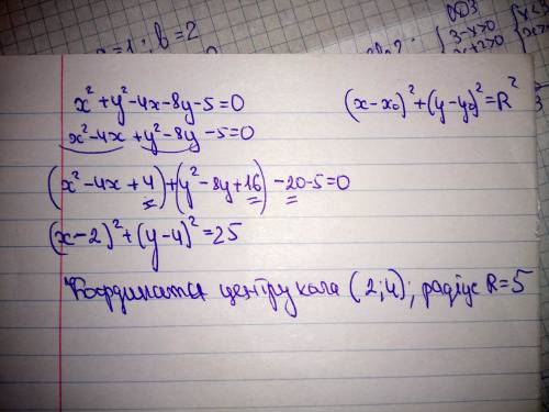 X^2+y^2-4x-8y-5=0 найти центр і радіус кола