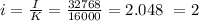 i = \frac{I}{K} = \frac{32768}{16000} = 2.048 ~= 2