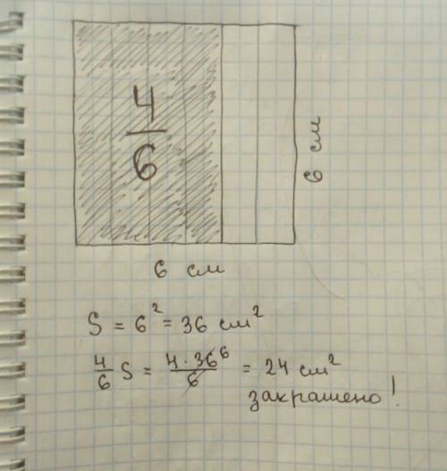 Начерти квадрат со стороной 6 см, закрась 4/6 площади данного квадрата. сколько см2 ты закрасил? при