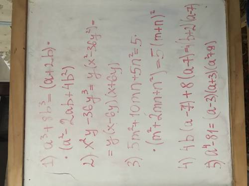 Разложите на множетели: 1) a^3+8b^3 2)x^2y-36y^3 3) 5m^2+10mn-5n^2 4) 4ab-28b+8a-56 5) a^4-81. нужно