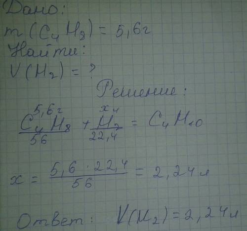 Какой объём водорода необходим для гидрирования углеводорода c4h8 массой 5,6 грамм