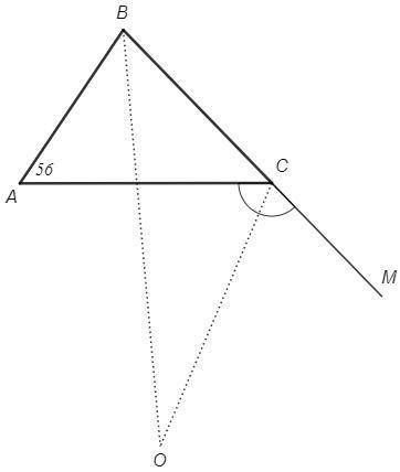 Втреугольнике авс угол равен 56 градусов. биссектрисы угла в и внешнего угла при вершине с пересекаю