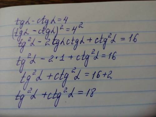 Знайдіть значення виразу tg²α + ctg²α , якщо tg α - ctg α = 4.