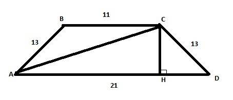 Снования равнобедренной трапеции равны 11 и 21 боковая сторона 13 найдите диагональ