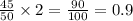 \frac{45}{50} \times 2 = \frac{90}{100} = 0.9