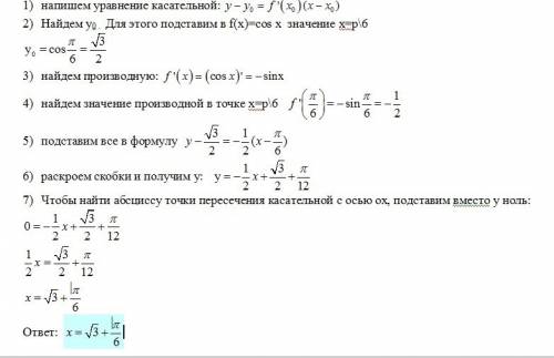 Кграфику функции f(x)=cos x в точке с абсциссой x=p/6 проведена касательная . найти абсциссу точки п