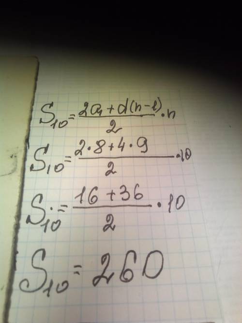 Найти суиму первых десяти членов арефметической прогресии в которой а'1=-8,d=4