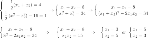 \displaystyle \left \{ {{\dfrac{1}{2}(x_1+x_2)=4} \atop {\dfrac{1}{2}\left(x_1^2+x_2^2\right)-16=1}} \right.\Rightarrow\left \{ {{x_1+x_2=8} \atop {x_1^2+x_2^2=34}} \right.\Rightarrow\left \{ {{x_1+x_2=8} \atop {(x_1+x_2)^2-2x_1x_2=34}} \right.\\ \\ \\ \left \{ {{x_1+x_2=8} \atop {8^2-2x_1x_2=34}} \right.~~~\Rightarrow~~~\left \{ {{x_1+x_2=8} \atop {x_1x_2=15}} \right.~~\Rightarrow~~\left \{ {{x_1=3} \atop {x_2=5}} \right.~or~\left \{ {{x_1=5} \atop {x_2=3}} \right.