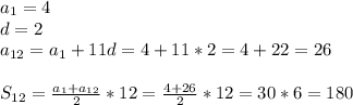a_{1}=4\\d=2\\ a_{12}= a_{1}+11d=4+11*2=4+22=26\\\\S _{12}= \frac{ a_{1}+ a_{12} }{2}*12= \frac{4+26}{2}*12=30*6=180