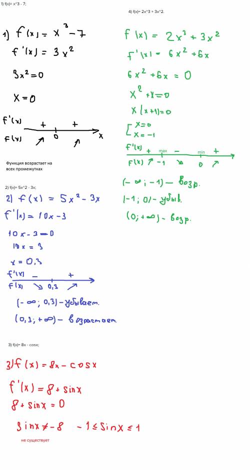 Исследуйте монотонность функции: 1) f(x)= x^3 - 7; 2) f(x)= 5x^2 - 3x; 3) f(x)= 8x - cosx; 4) f(x)=