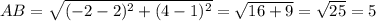 AB= \sqrt{(-2-2)^2+(4-1)^2} = \sqrt{16+9} = \sqrt{25} =5 \\ \\