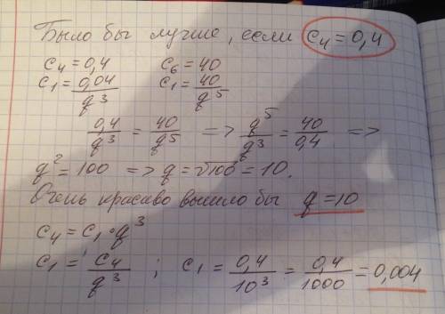 Найдите первый член прогрессии cn, если известно, что c4 =0,04 , c6=40